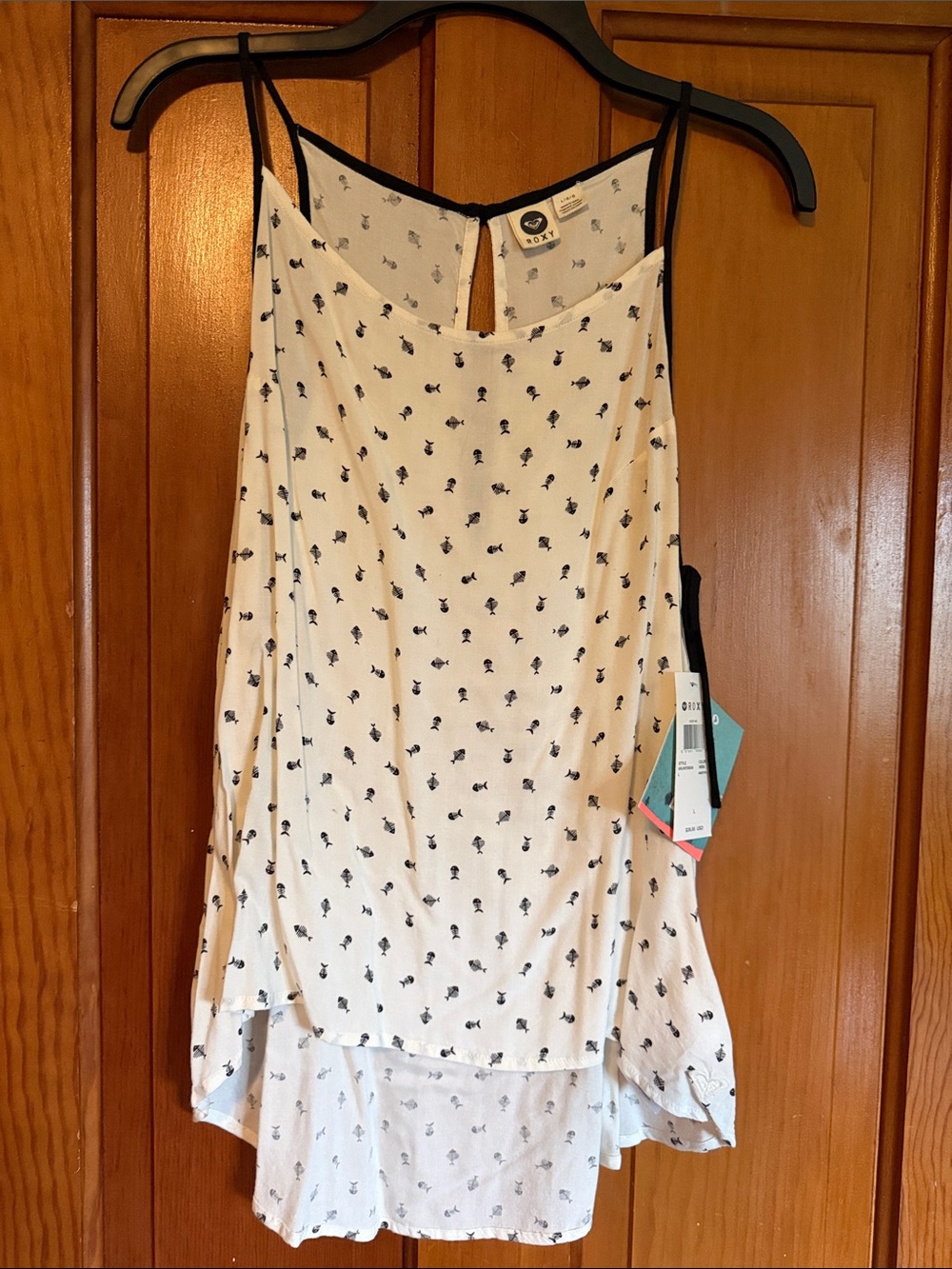 Roxy White Tank with Black Fishbone Print and Thin Straps